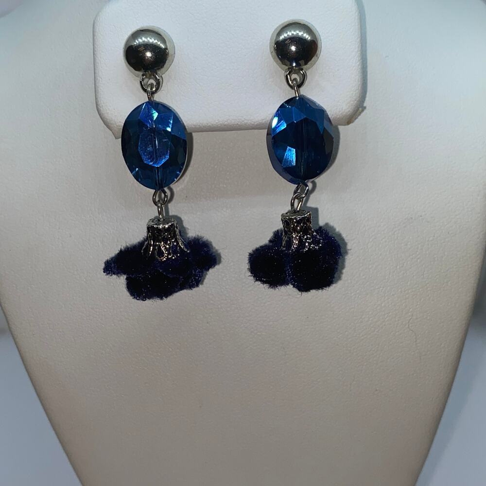Silver-Tone Blue Beaded & Pom-Pom Dangle Earrings